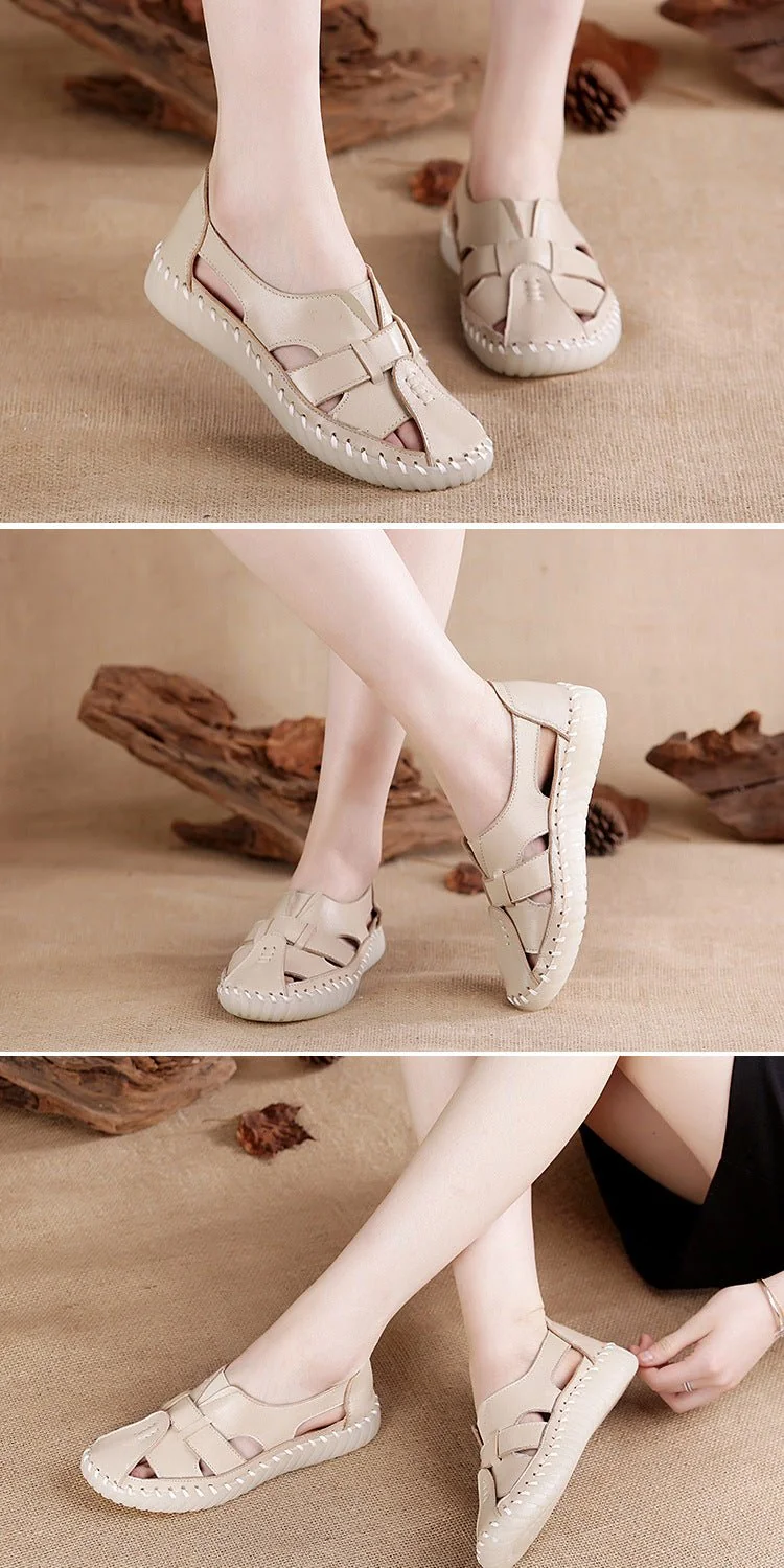 Women Retro Manual Suture Hollow Sandal Loafers - Image 14