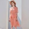 100% Silk Women's Runway Dresses Sexy V Neck Short Sleeves Printed Lace Up Waist Fashion Casual Summer Dresses