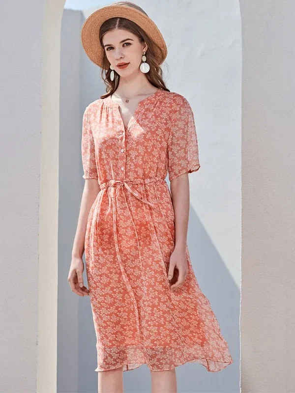 100% Silk Women's Runway Dresses Sexy V Neck Short Sleeves Printed Lace Up Waist Fashion Casual Summer Dresses