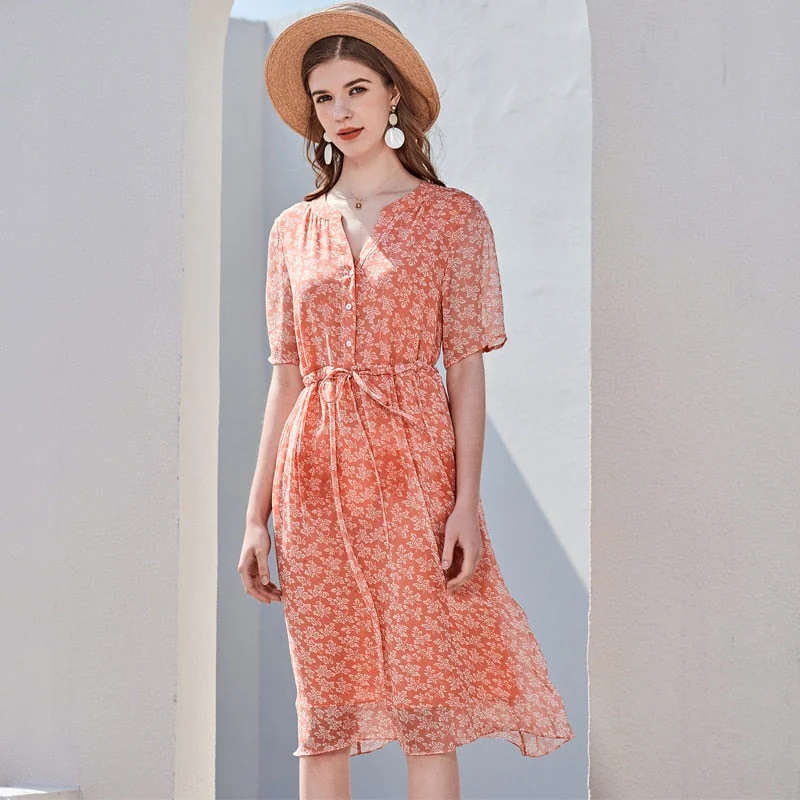 100% Silk Women's Runway Dresses Sexy V Neck Short Sleeves Printed Lace Up Waist Fashion Casual Summer Dresses