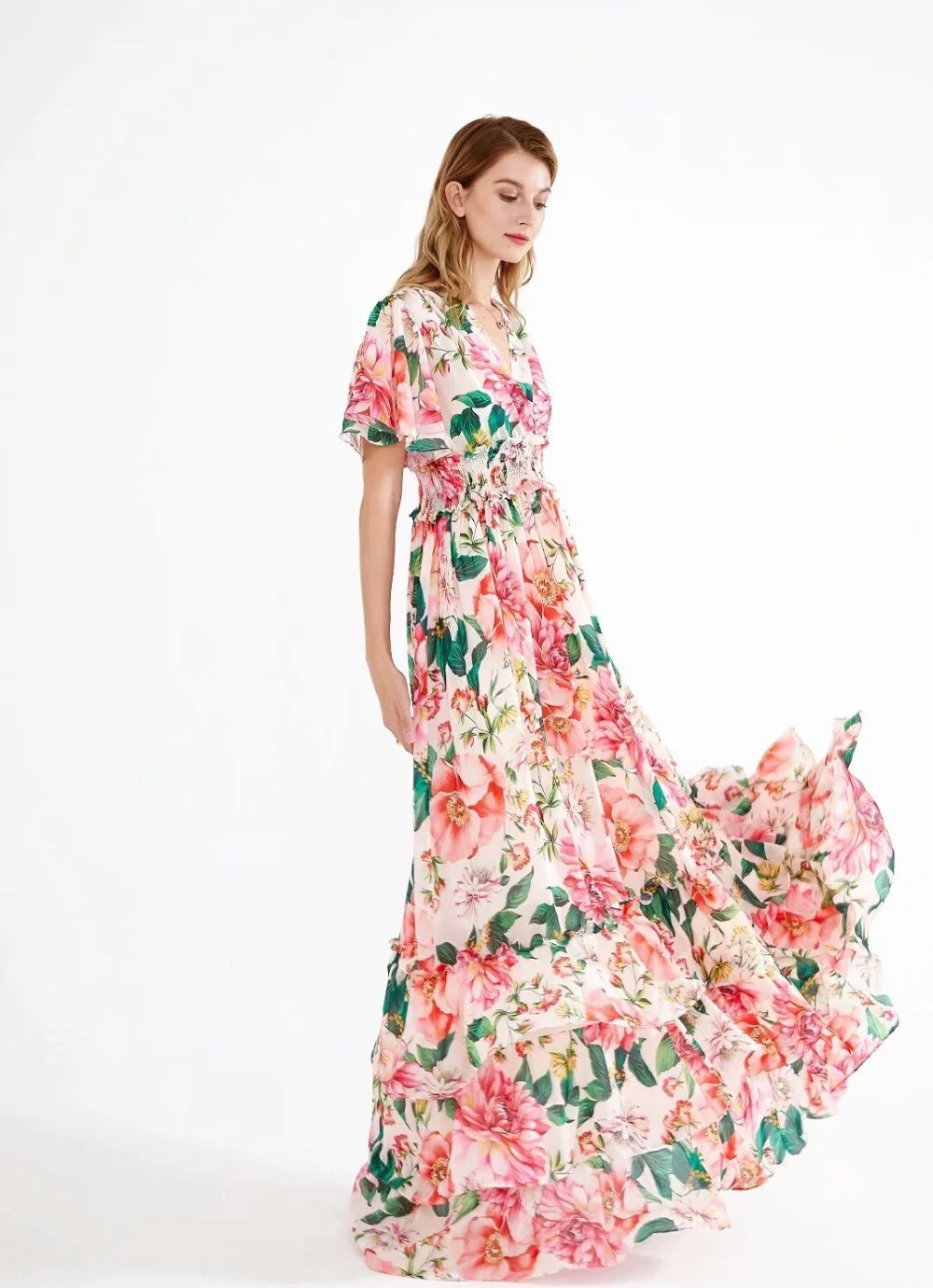 Women's Runway Dresses Sexy V Neck Short Flare Sleeves Floral Printed Tiered Ruffles Fashion Elegant Prom Long Dresses - Image 2