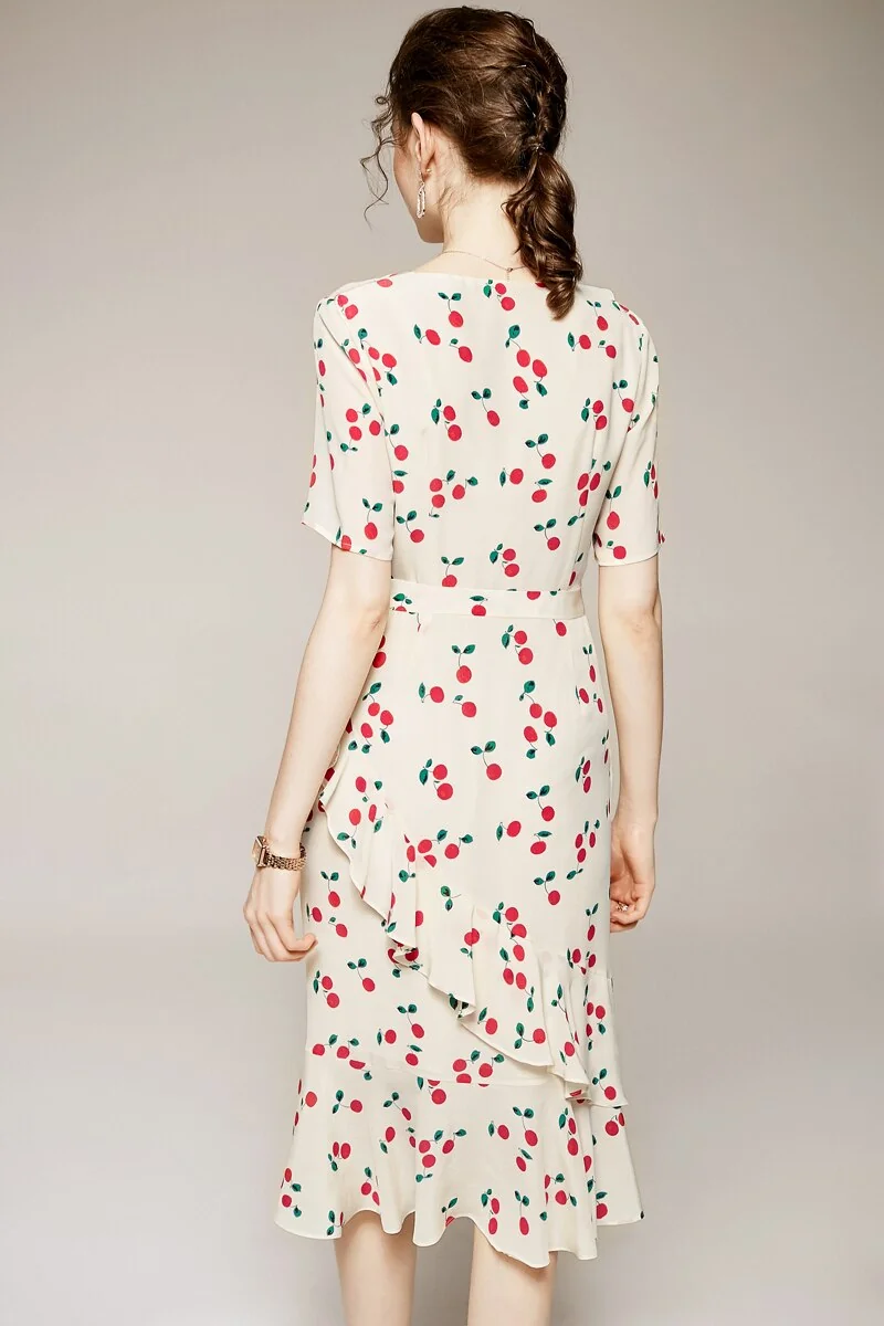 100% Silk Women's Runway Dresses V Neck Short Sleeves Ruffles High Street Printed Fashion Casual Summer Dresses - Image 6