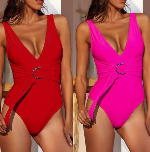 Solid Plunging One Piece Swimsuit High Cut Bodysuit Sexy Backless Swimwear Women Fashion Belt Bathing Suit 2021 Bathers - Takalr