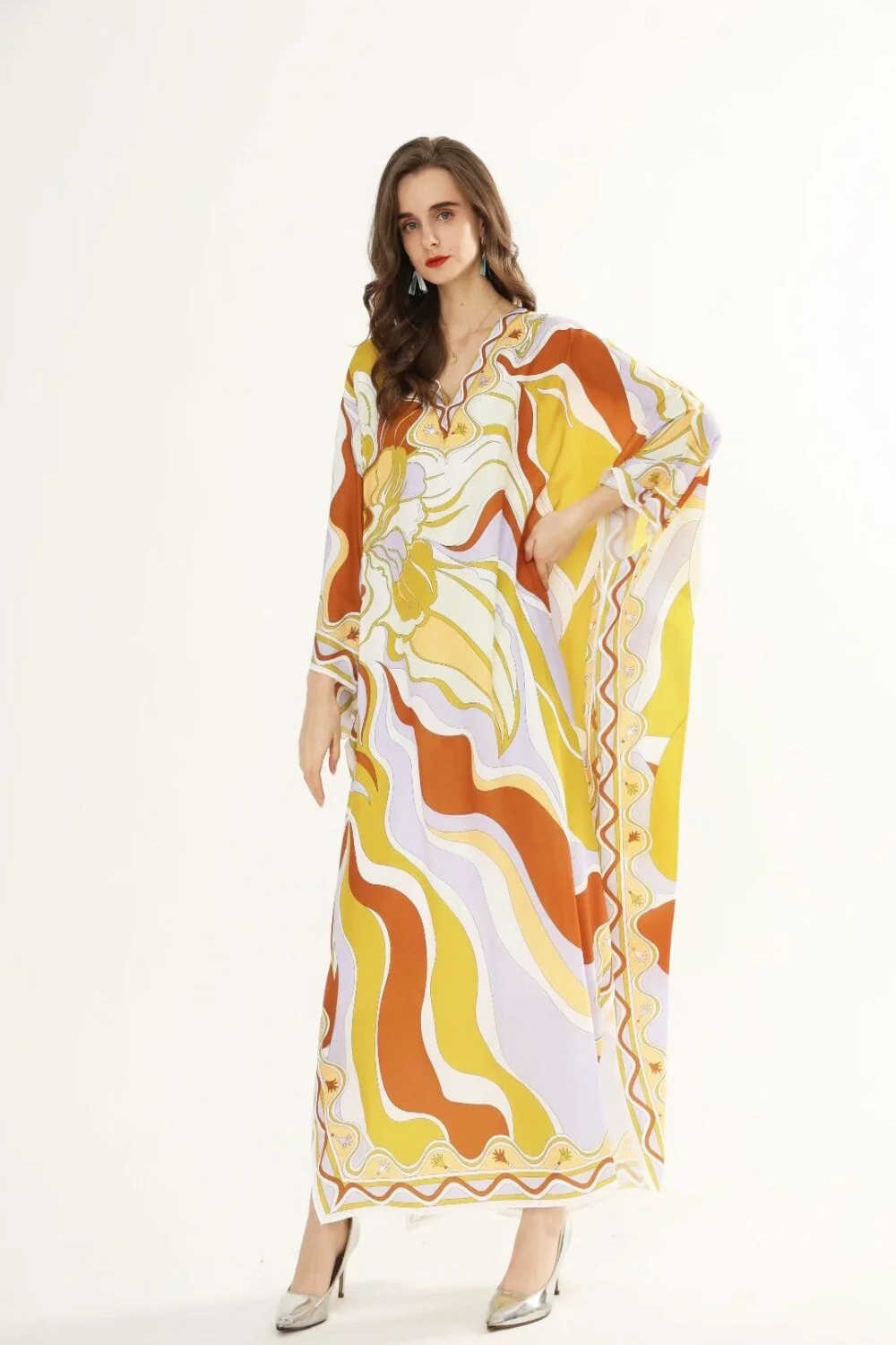 Women's Runway Dresses V Neck Batwing Sleeves Printed Sexy Spit Loose Elegant Casual Maxi Long Dress - Image 4