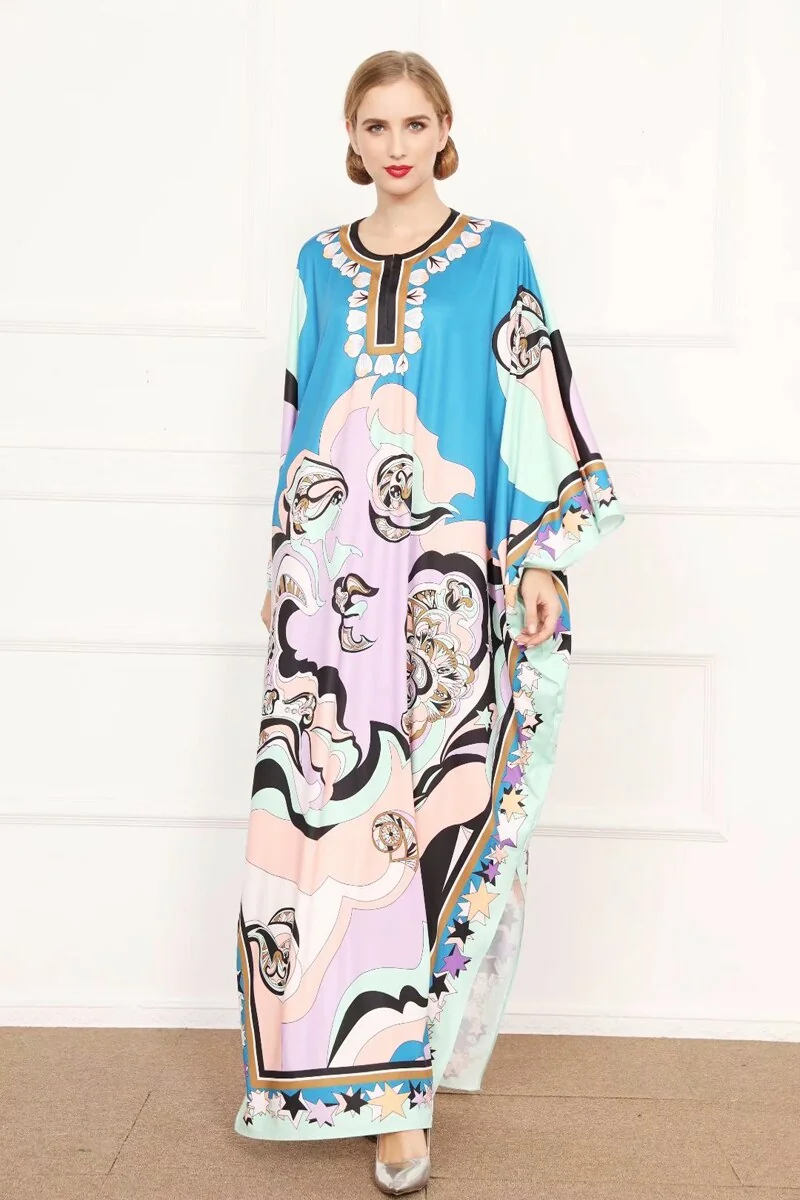 Autumn Women's Runway Dresses O Neck Batwing Sleeves Printed Loose Deisgn Plus Sizes Split Knitted Elastic Long Maxi Dresses - Image 5