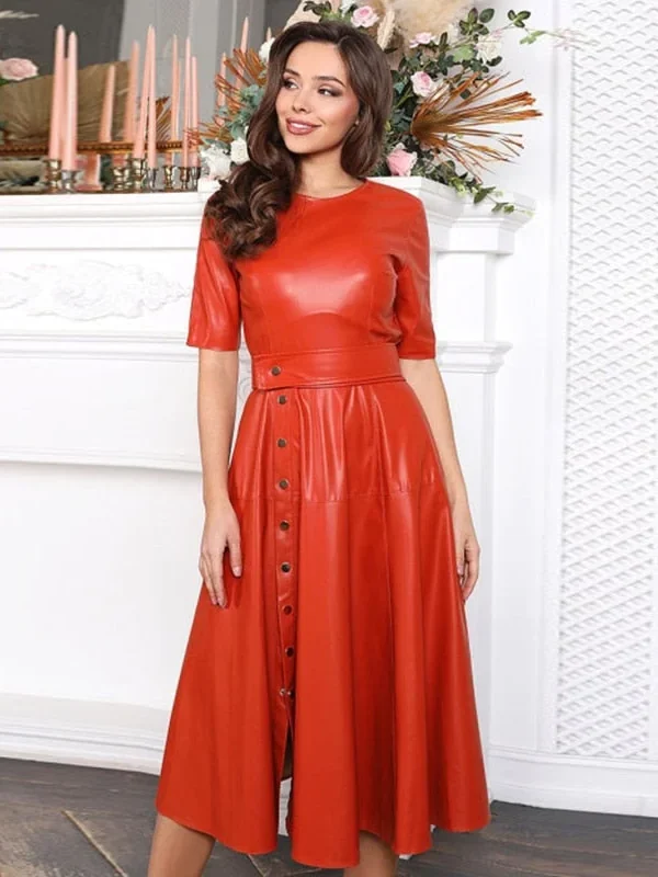 Casual Pu Leather A-Line Party Dress Women Solid Color Round Neck Summer Fashion Belt High Waist Mini Dress  New