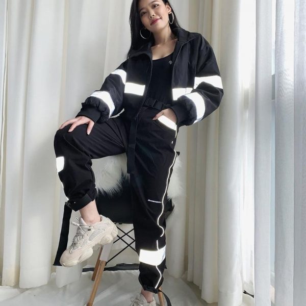 Spring Reflective Cargo Pants Women Casual Harajuku BF Reflective SweatPants  Women Loose Solid Black Trousers Pocket - Takalr