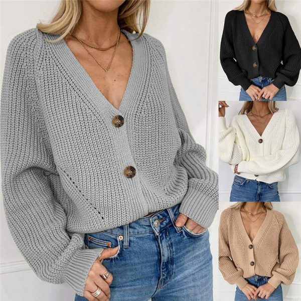 Women Solid Casual Sweater Oversize V Neck Knitted Cardigans 2020 Autumn Warm Loose Lantern Sleeve Single Row Button Female Coat - Takalr