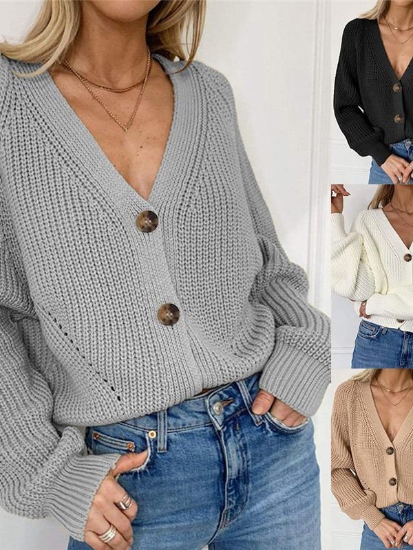 Women Solid Casual Sweater Oversize V Neck Knitted Cardigans 2020 Autumn Warm Loose Lantern Sleeve Single Row Button Female Coat - Takalr