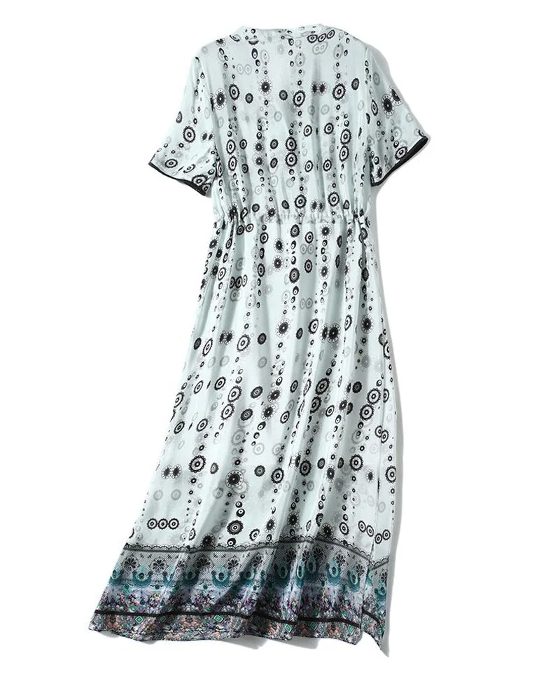 100% Silk Women's Runway Dresses V Neck Short Sleeves Printed Sash Belt Split Fashion Casual Designer Dresses - Image 8