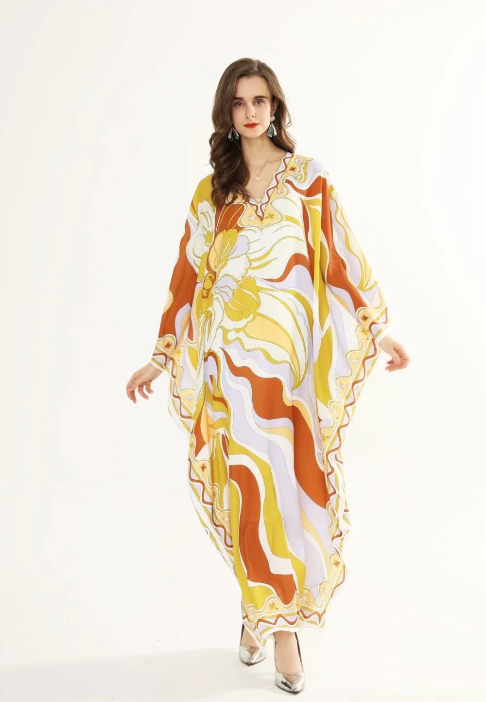 Women's Runway Dresses V Neck Batwing Sleeves Printed Sexy Spit Loose Elegant Casual Maxi Long Dress