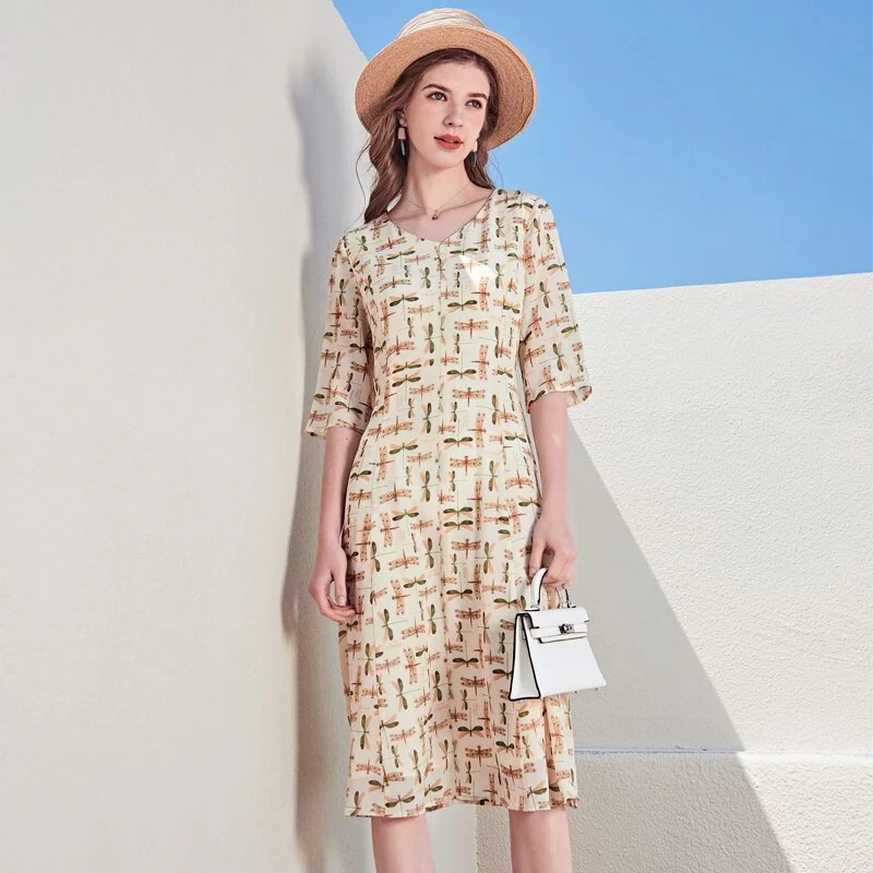100% Silk Women's Runway Dresses Sexy V Neck 3/4 Sleeves Printed Fashion Holiday Summer Dresses