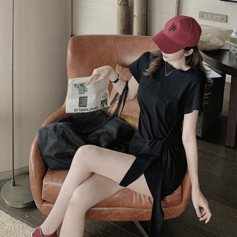 Sexy Solid Color Round Neck Cotton Belt Dress Women Summer High Waist A-line Party Nightclub Mini Dress Arrival - Image 2