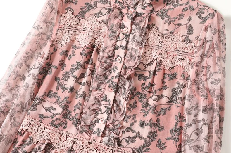 100% Natural Silk Women's Dresses O Neck Long Sleeves Ruffles Tired Lace Patchwork Printed Fashin Dress Vestidos - Image 12