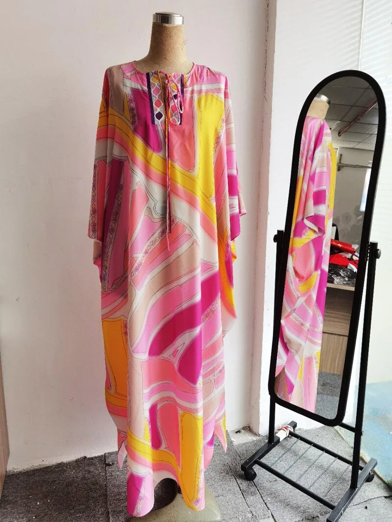 Women's Runway Dresses O Neck Lace Up Collar Printed Loose Design Fashion Batwing Sleeves Maxi Robe Long Dresses - Image 8