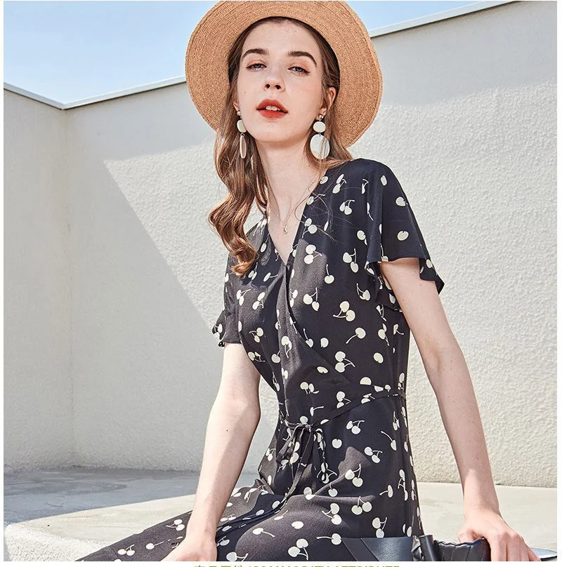 100% Silk Women's Dresses V Neck Short Sleeves Ruffles Printed Fashion Casual Summer Holiday Dresses - Image 2