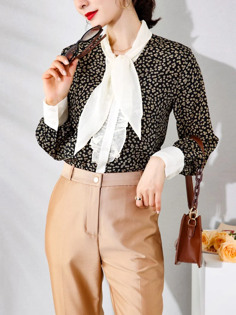 100% Silk Women's Shirt Lace Up Bow Collar Ruffles Long Sleeves Printed Fashion Casual Blouse Tops - Image 6