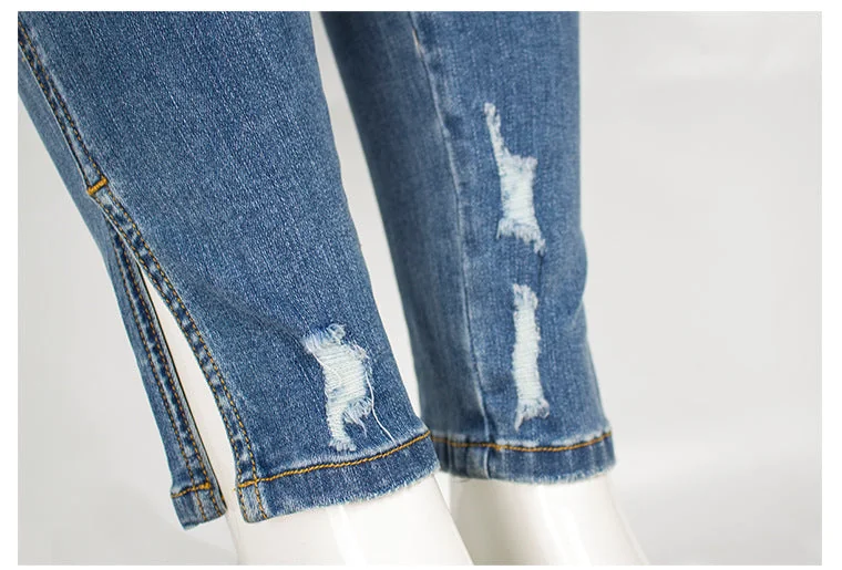 Ripped Mid-waist Stretch Jeans Women's Trousers Pencil Pants Split Hem Destroy Jeans - Image 13