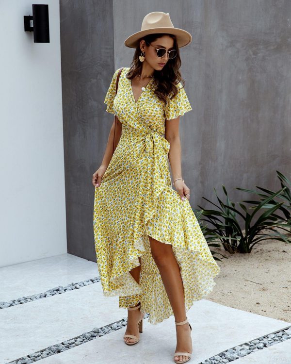 Summer Maxi Dress Women Polka Dot Sexy V Neck Ruffles Short Sleeve Holiday Long Beach Sundress Ladies Lace Up Wrap Party Dresses - Takalr