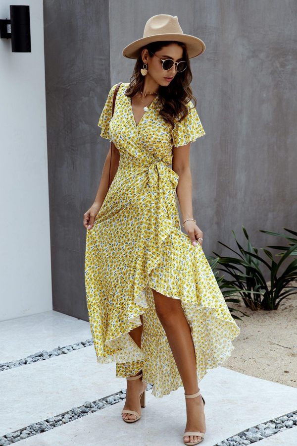 Summer Maxi Dress Women Polka Dot Sexy V Neck Ruffles Short Sleeve Holiday Long Beach Sundress Ladies Lace Up Wrap Party Dresses - Takalr