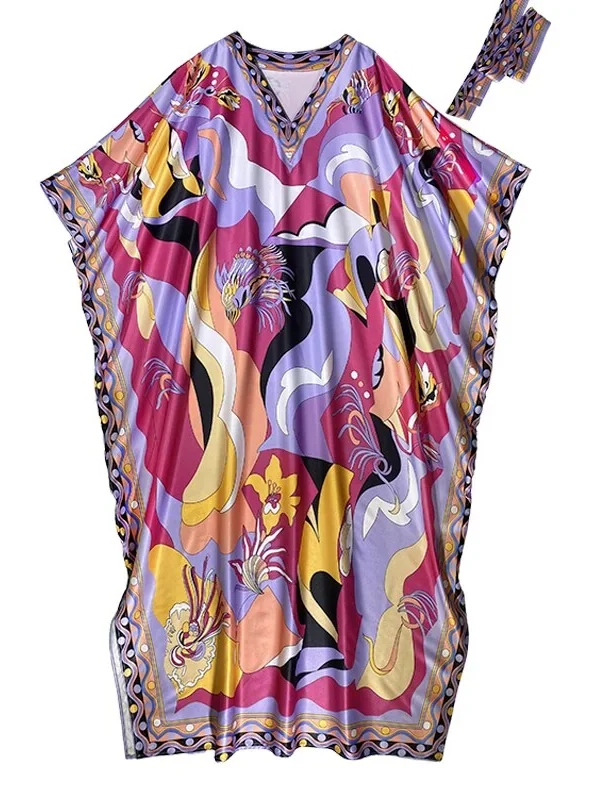 Women's Runway Dresses O Neck Batwing Sleeves Printed Loose Design Fashion Long Robes with Belt