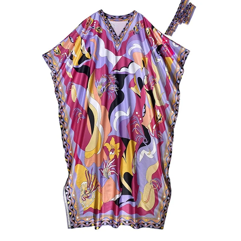 Women's Runway Dresses O Neck Batwing Sleeves Printed Loose Design Fashion Long Robes with Belt