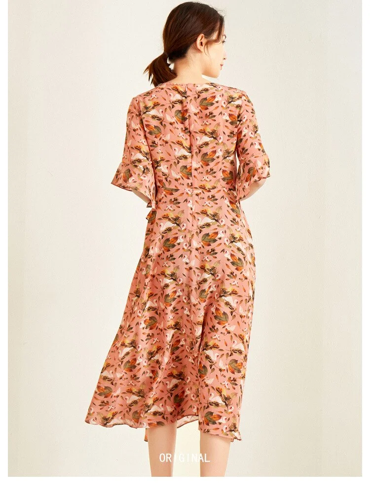 100% Silk Women's Dresses O Neck Short Sleeves Floral printed Ruffles Fashion Casual Dresses - Image 5