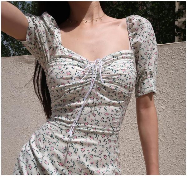 Summer Dress Retro Boho Women Tie Neck Floral Print Floral Mini Sexy White Dress Elegant Puff Sleeve Dresses Korean Vestidos - Takalr