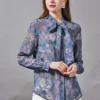 100% Silk Women's Shirt Bow Collar Long Sleeves Floral Plaid Printed Fashion Blouse Camisa Tops