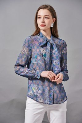 100% Silk Women's Shirt Bow Collar Long Sleeves Floral Plaid Printed Fashion Blouse Camisa Tops