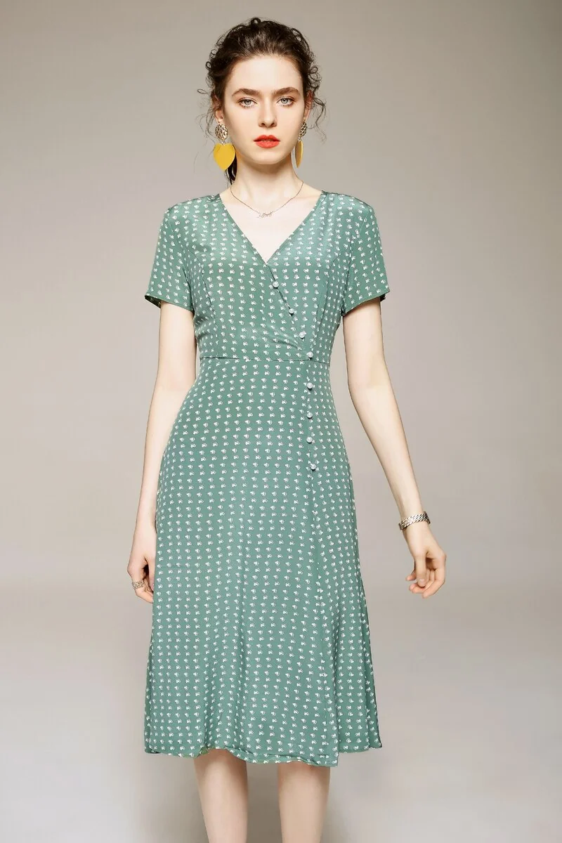 100% Silk Women's Runway Dresses V Neck Short Sleeves High Street Printed Fashion Casual Summer Dresses - Image 3