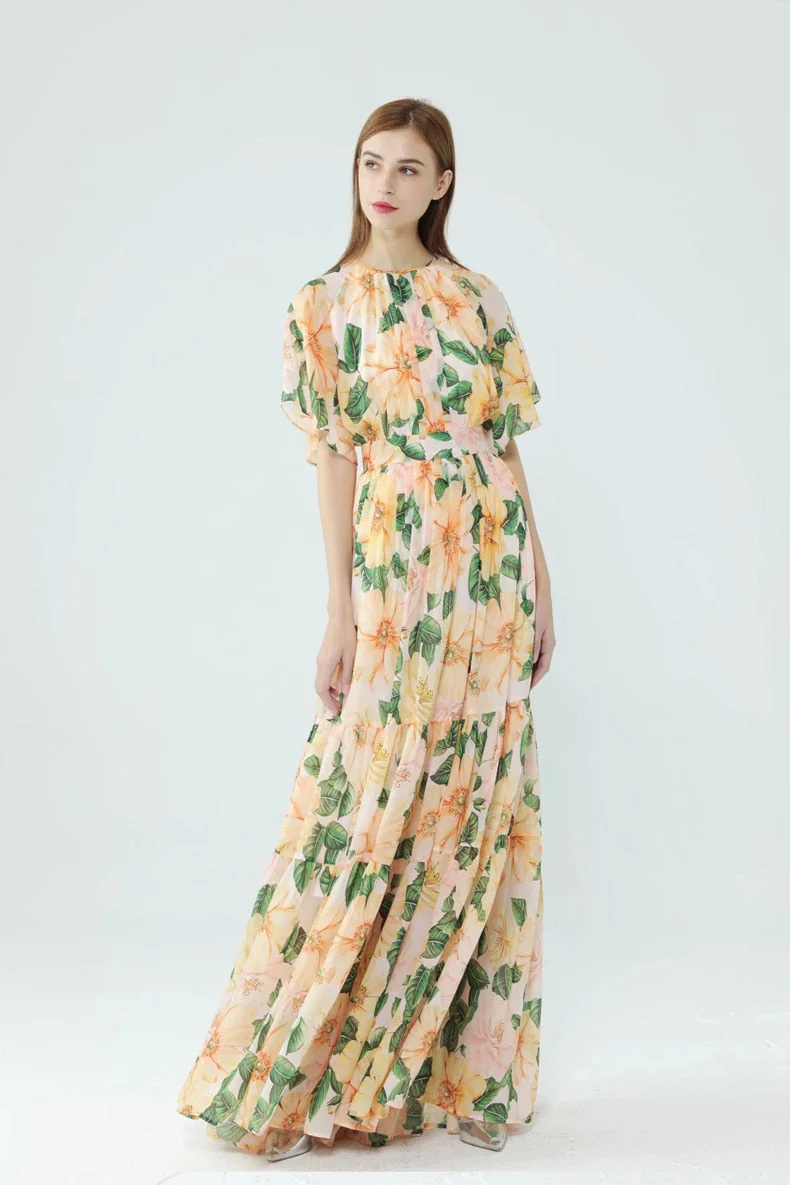 Women's Runway Dresses O Neck Short Sleeves Floarl Printed Ruffles High Street Fashion Long Maxi Dresses with Plus Sizes - Image 6