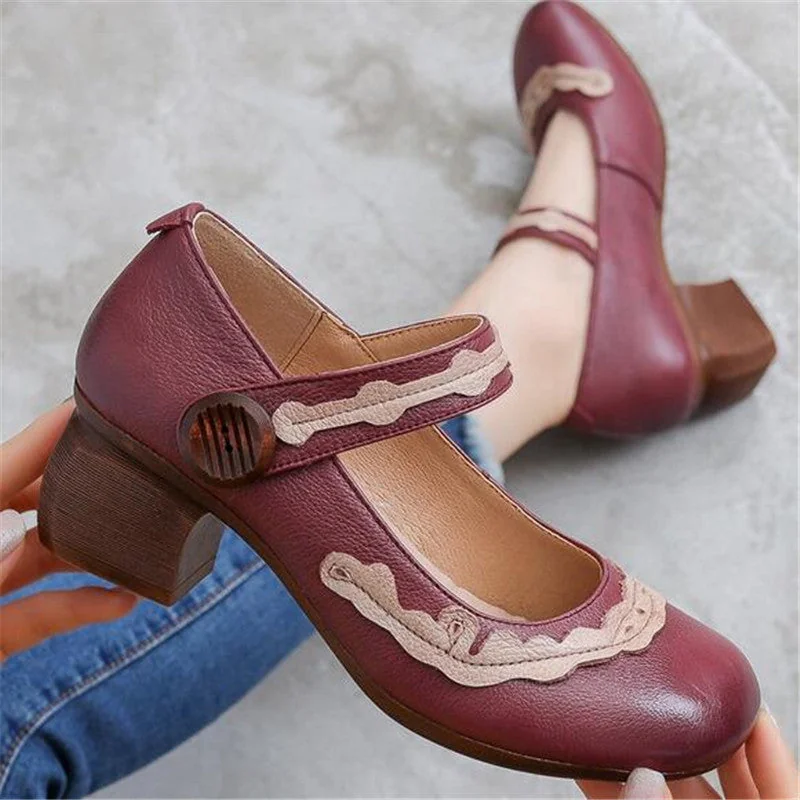 Retro Mixed Colors Women's Shoes High Heels Non-slip Leather Mary Jane - Image 18