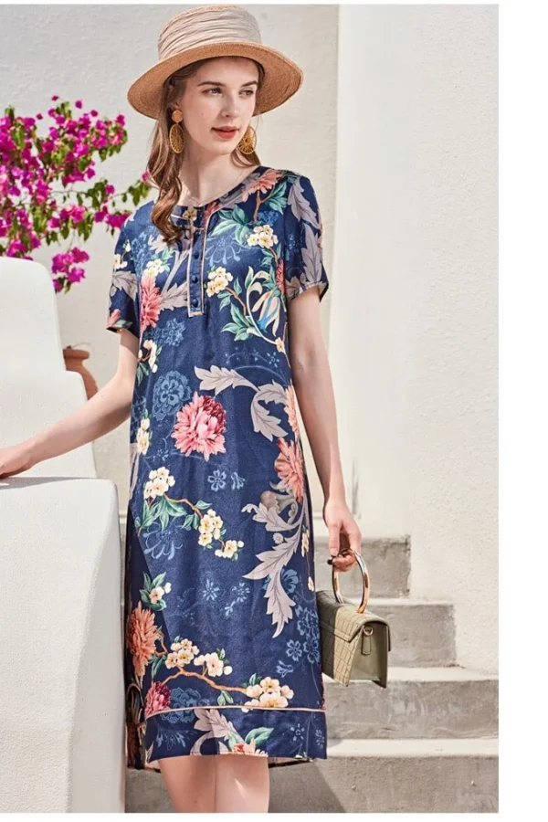 100% Silk Women's Runway Dresses O Neck Short Sleeves Floral Printed Fashion Short Summer Dresses
