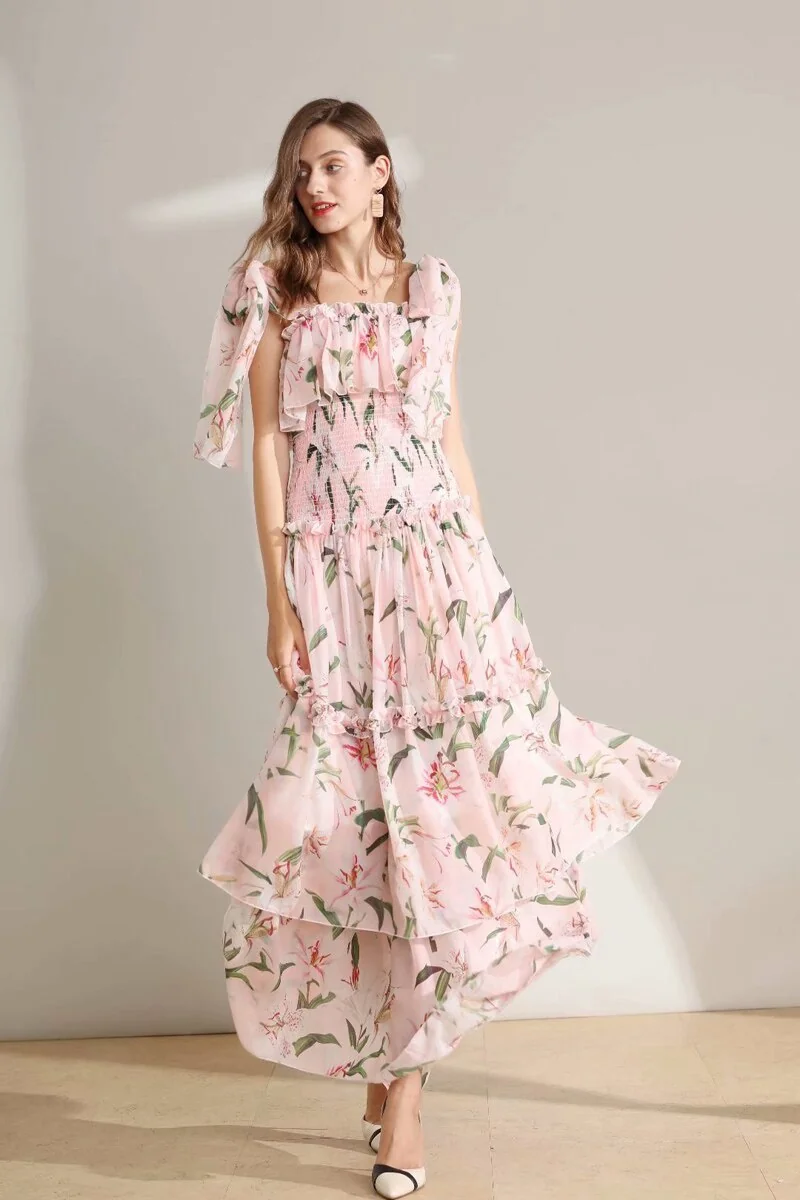 Women's Runway Dresses Spaghetti Straps Floral Printed Elastic Waist Tiered Ruffles Fashion Long Designer Dresses - Image 5
