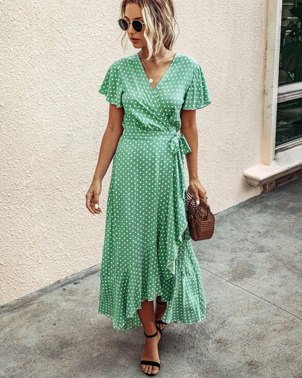 Summer Maxi Dress Women Polka Dot Sexy V Neck Ruffles Short Sleeve Holiday Long Beach Sundress Ladies Lace Up Wrap Party Dresses - Takalr