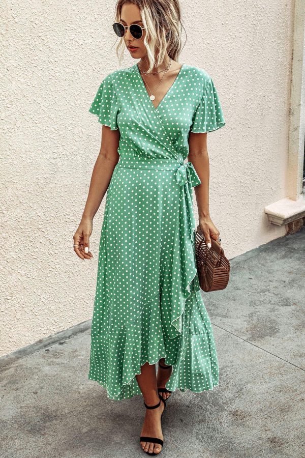 Summer Maxi Dress Women Polka Dot Sexy V Neck Ruffles Short Sleeve Holiday Long Beach Sundress Ladies Lace Up Wrap Party Dresses - Takalr