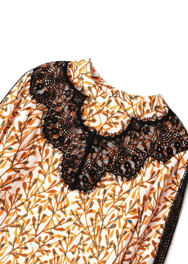 100% Silk Women's Blouse O Neck Long Sleeves Printed Hollow Out Lace Patchwork Fashion Casual Shirt Tops - Image 9