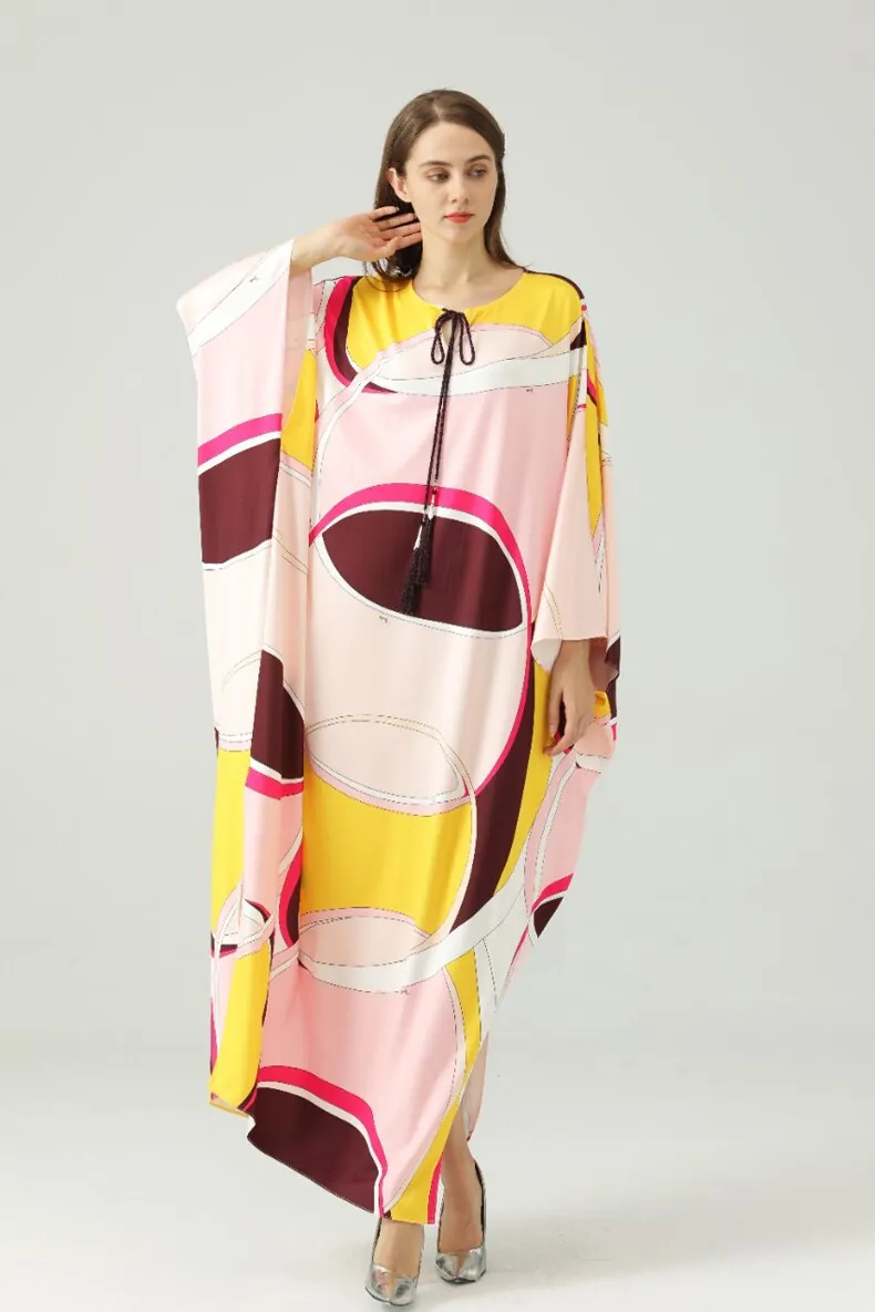 Women's Runway Dresses O Neck Batwing Sleeves Lace Up Printed Fashion Long Holiday Dress in Plus Sizes
