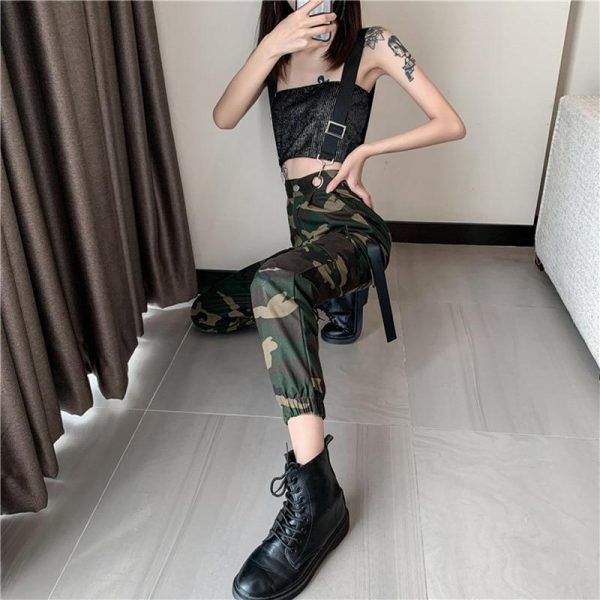 Women Suspenders Military Camouflage Pants Ladies Army High Waist Sweatpants Loose Camo Pants Trousers Hip Pop Street Joggers - Takalr