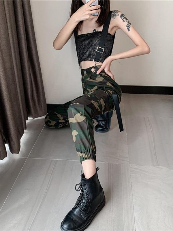 Women Suspenders Military Camouflage Pants Ladies Army High Waist Sweatpants Loose Camo Pants Trousers Hip Pop Street Joggers - Takalr