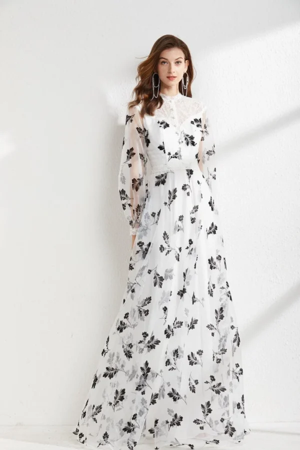 Women's Runway Dresses O Neck Long Sleeves Lace Patchwork Printed Organza Elegant Maxi Floor Length Party Prom