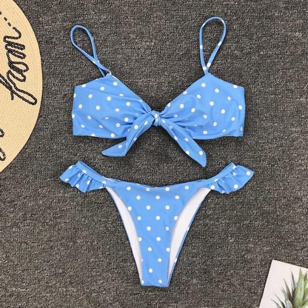 2021 Bikinis Mujer Sexy Ruffle Swimwear Women Tie Front Swimsuit Polka Dot Print Biquini Beach Wear Bathers Bathing Suit - Takalr