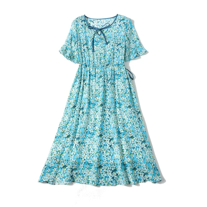 100% Silk Women's Dresses O Neck Short Sleeves Lace Up Waist Floral Printed Elegant Summer Dress Vestidos - Image 7