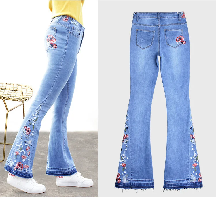 Denim Embroidered Flared Pants Women Mid Waist Jeans Wowens Embroidery Trousers - Image 5