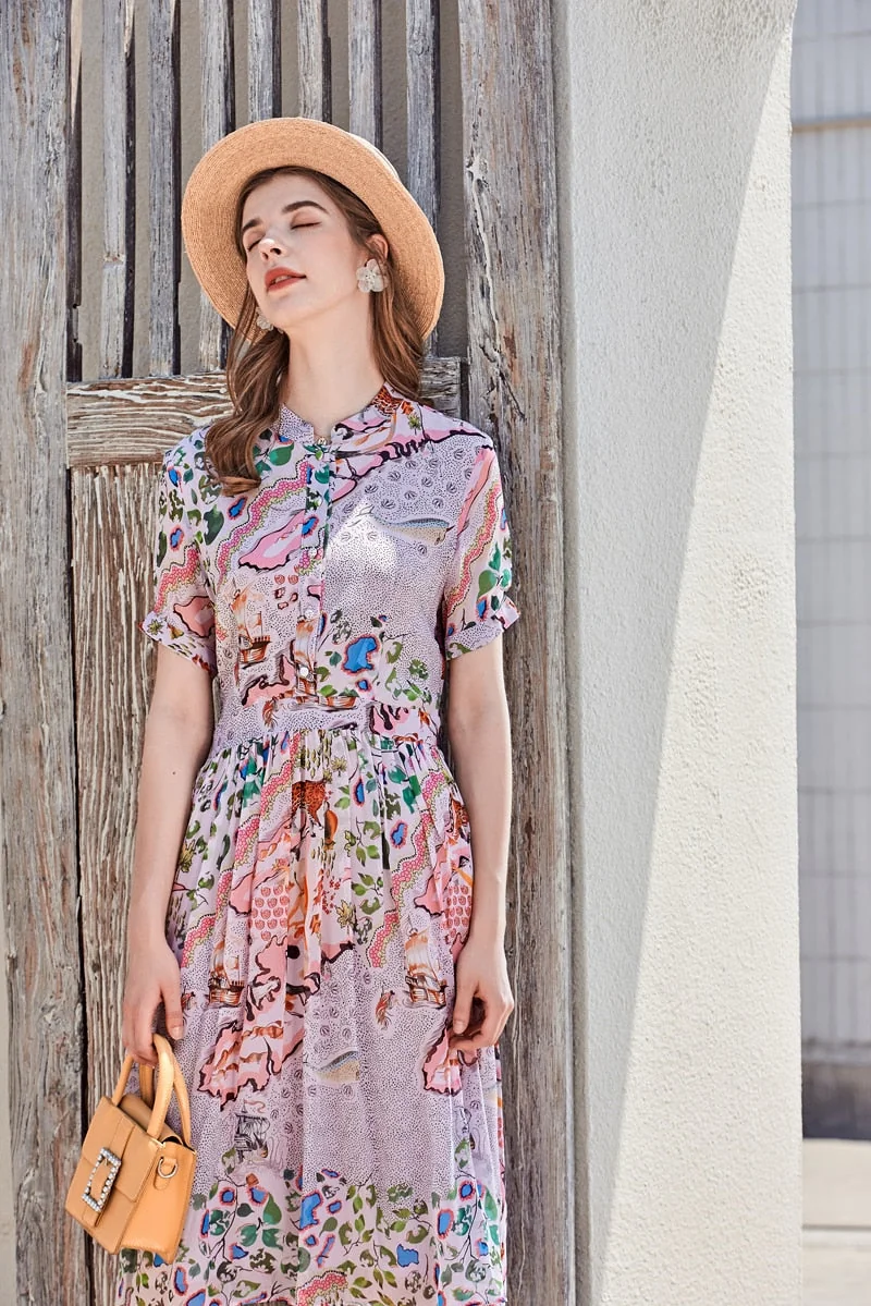 100% Silk Women's Runway Dresses O Neck Short Sleeves Ruched Printed Fashion Casual Summer Dresses - Image 2