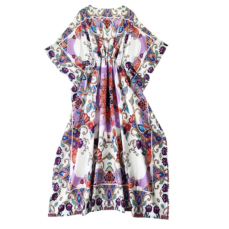 Women's Runway Dresses Sexy V Neck Loose Design Batwing Sleeves Printed Empire Waist Lace Up Maxi Dress Robes Vestidos - Image 3