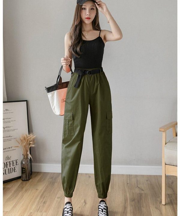 High Waist  Women's Looses Cargo Pants With belt nine-point harem pants Colorfur  high waist pants sashes pockets office pants - Takalr