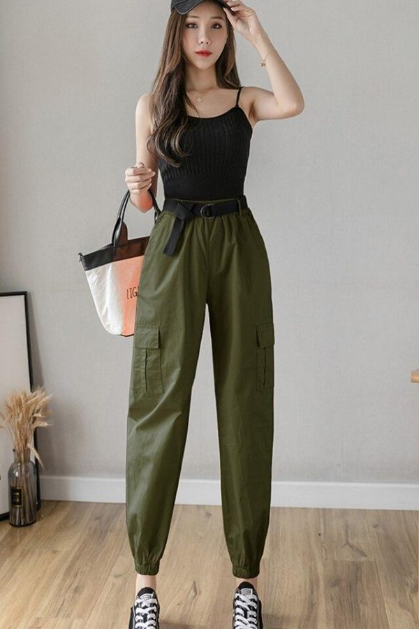 High Waist  Women's Looses Cargo Pants With belt nine-point harem pants Colorfur  high waist pants sashes pockets office pants - Takalr