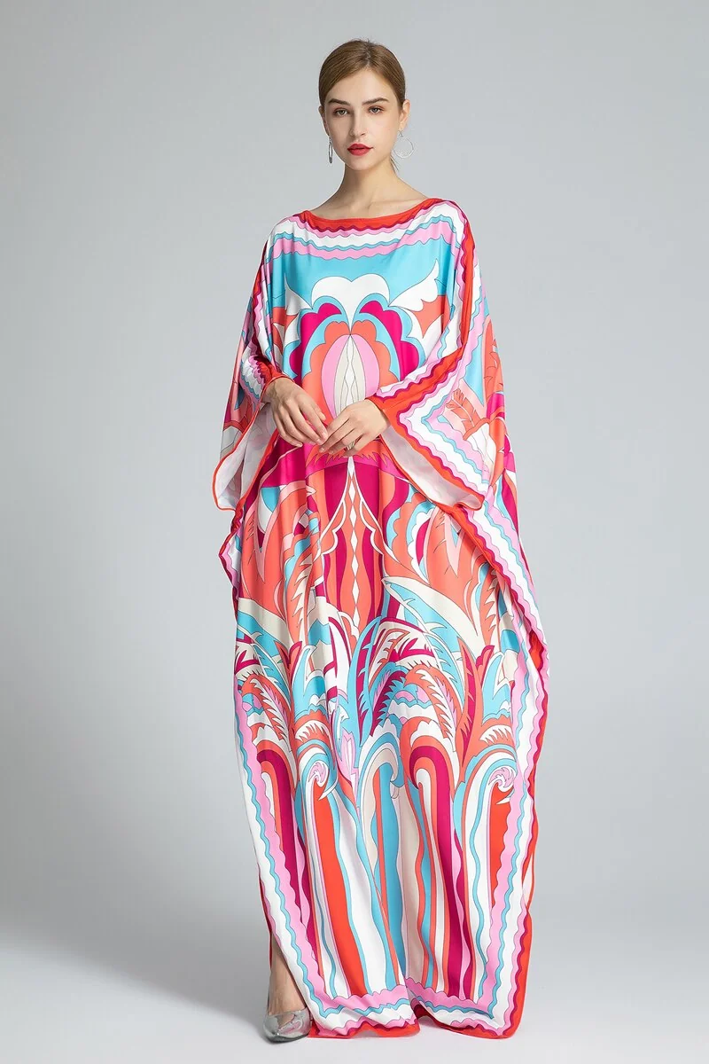 Women's Runway Dresses Slash Neckline Long Batwing Sleeves Printed Loose Design Knitted Elegant Causal Long Dresses Robes - Image 2